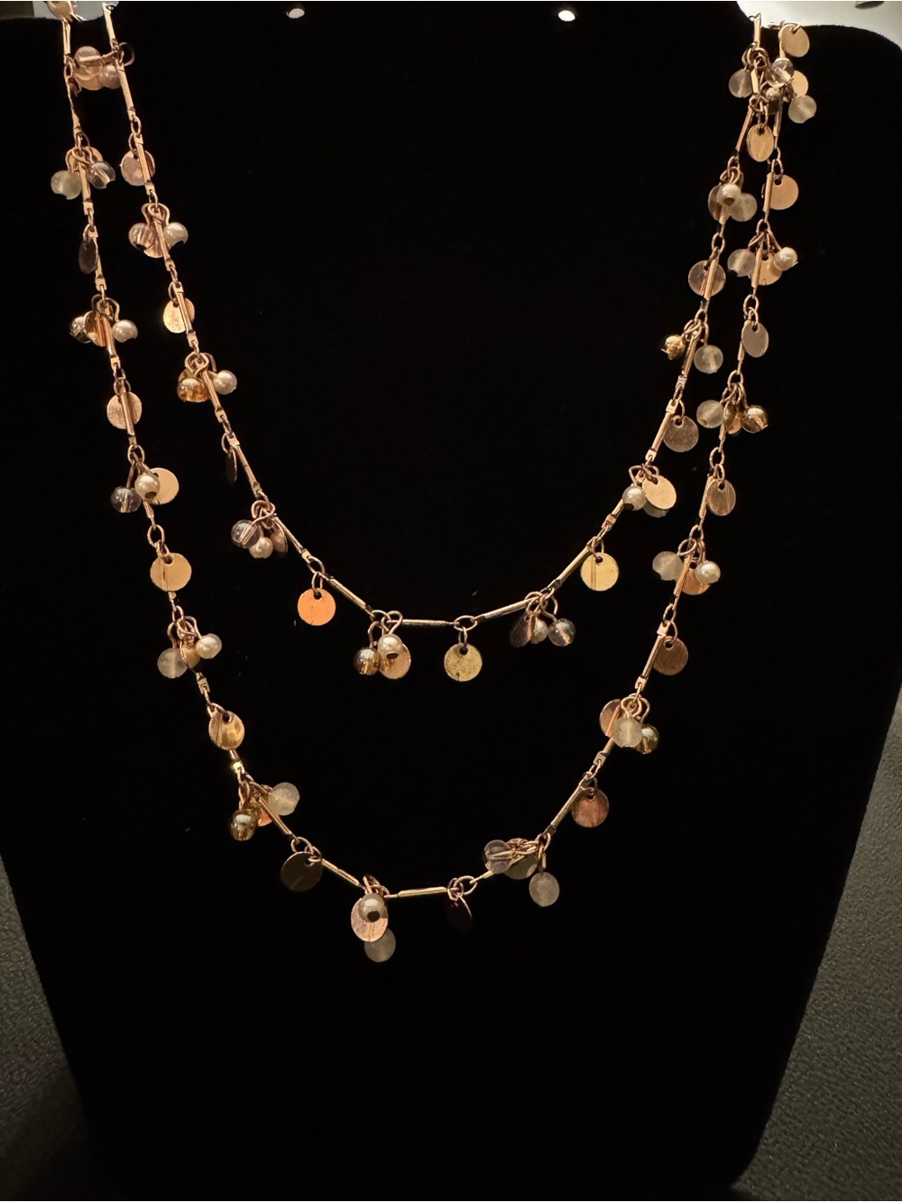 Rose Gold Tone 34” Confetti Disc Pearl Bead Necklace
